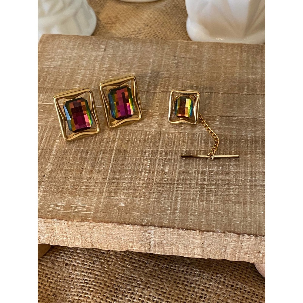 Vintage Iridescent Cufflinks Tie Tac Set Retro Barbie Pink Middle Blue Outside